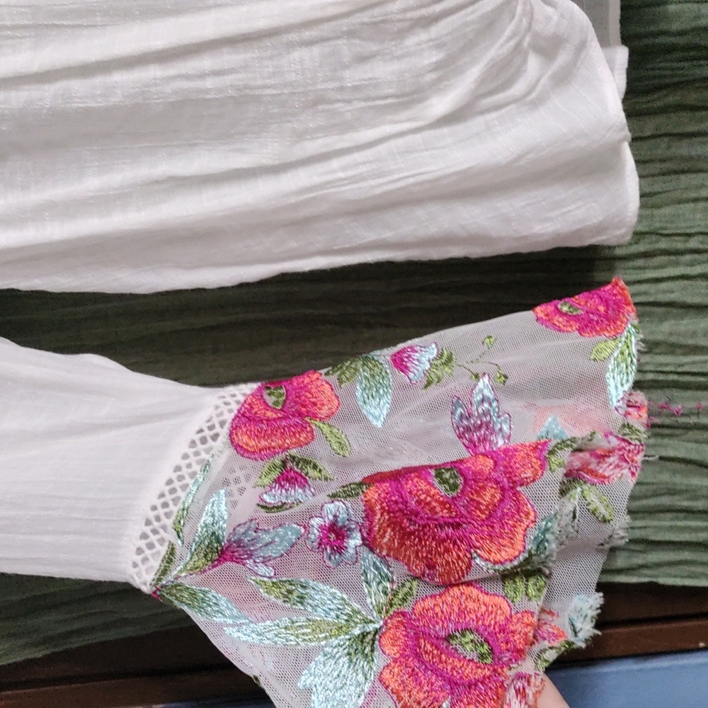 A. Byer Peasant Top with Floral Embroidered Bell Sleeves - Picture 7 of 13